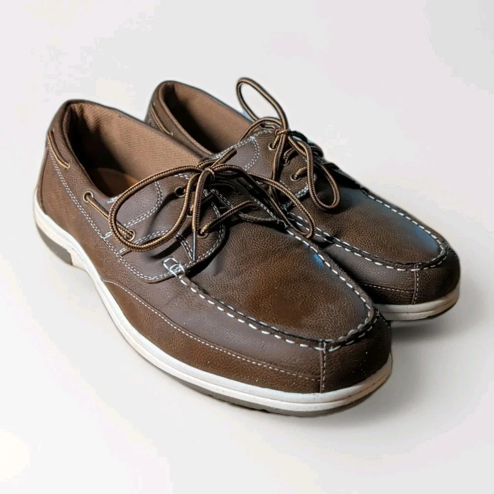 MEN`S DEER STAGS MITCH BOAT SHOES SIZE 13M DARK TAN MEMORY FOAM INSOLES EUC